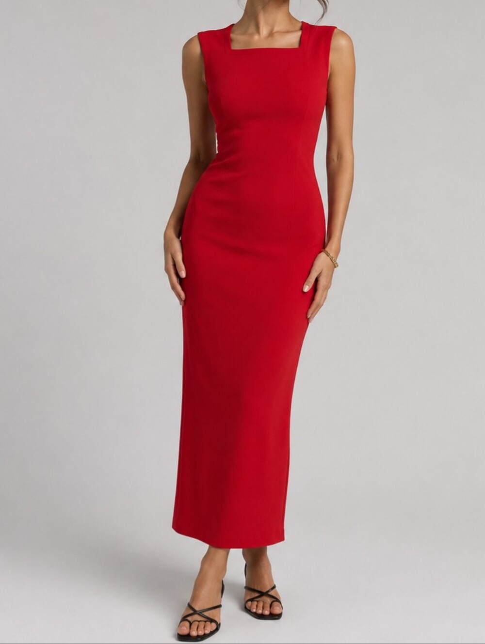 Zara Red Square Neck Midi Dress M 90s Minimalist Bodycon Quiet Luxury